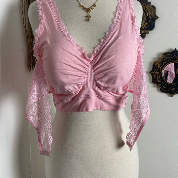 NWOT pink sports bra lace trim front wrap around closure adjustable stretch 2 XL - Picture 6 of 11